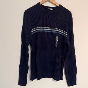 Brandini Cotton Navy Blue Striped Ribbed Crewneck Sweater Large NWT